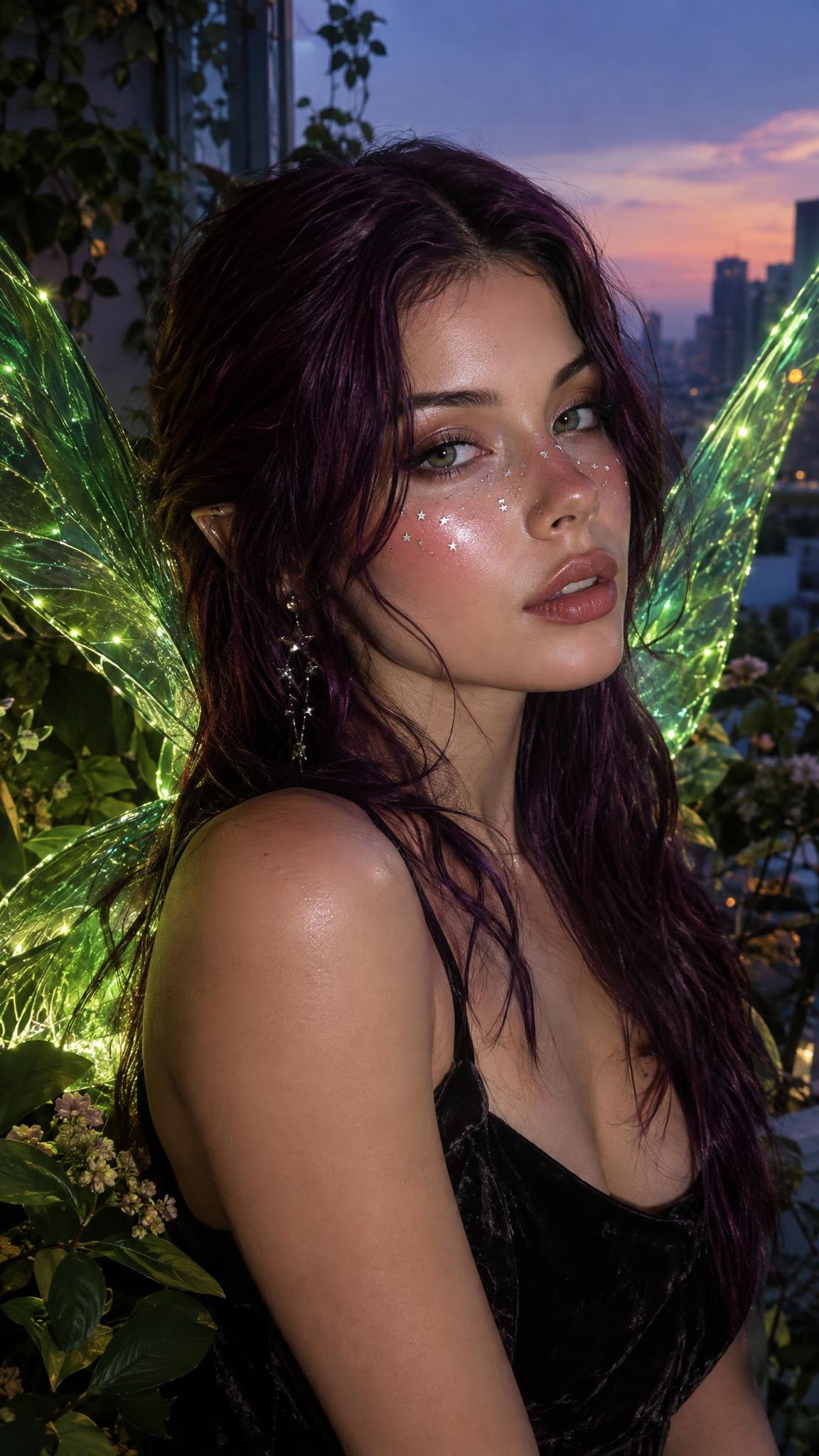 Cyber fairy beauty effect with silver star freckles and green wings