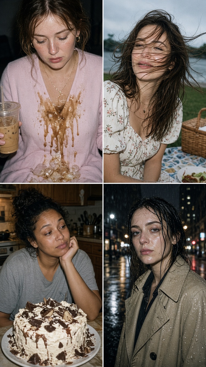 Viral photo effects with windblown hair at a picnic