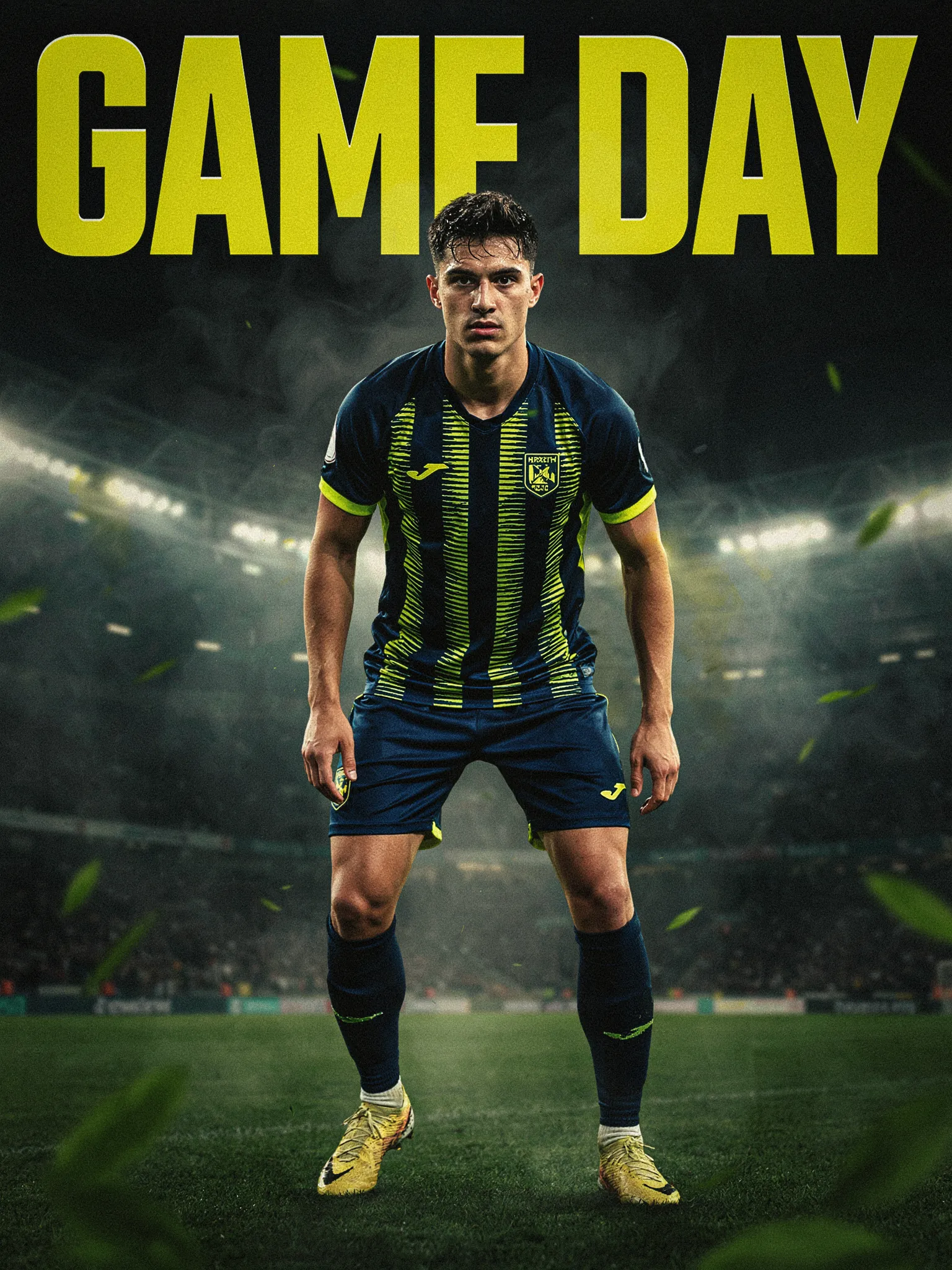 football poster trend image with a striker under stadium floodlights