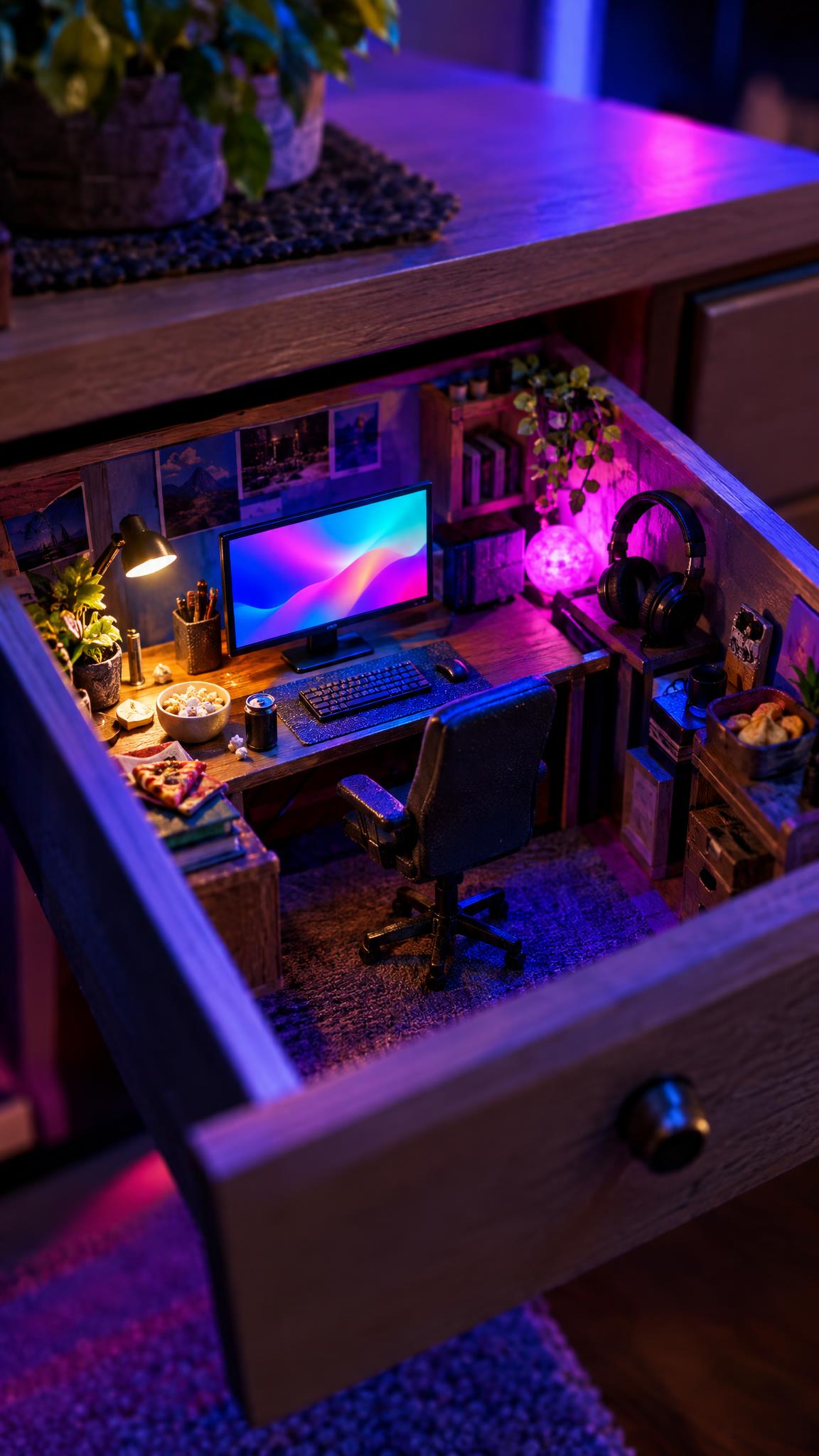 Miniature desk trend neon night editing suite
