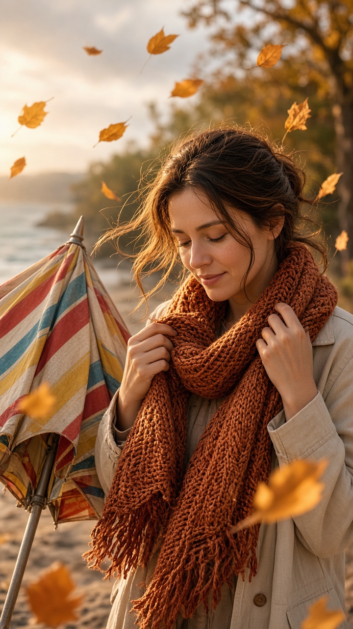 AI video effects summer umbrella changing to an autumn scarf
