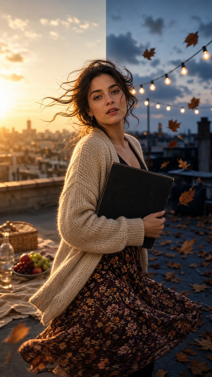 AI video effects rooftop picnic changing to twilight string lights