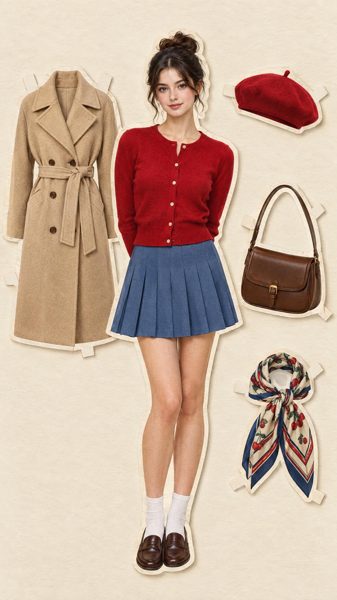 Paper doll outfit trend with red cardigan and blue skirt