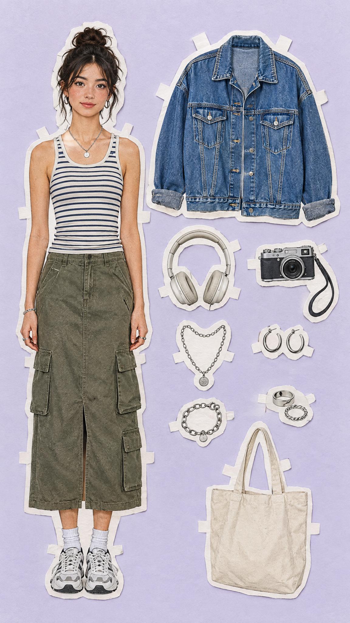 Paper doll outfit trend with denim jacket and cargo skirt