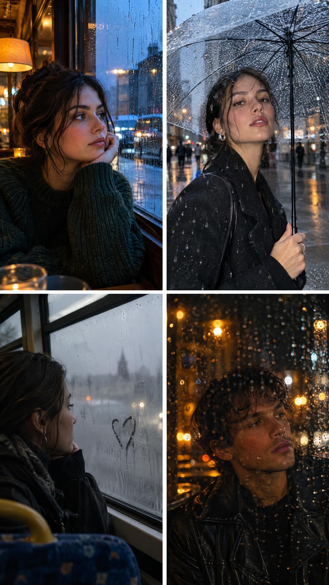 Rainy window portrait effect with a cafe window at blue hour