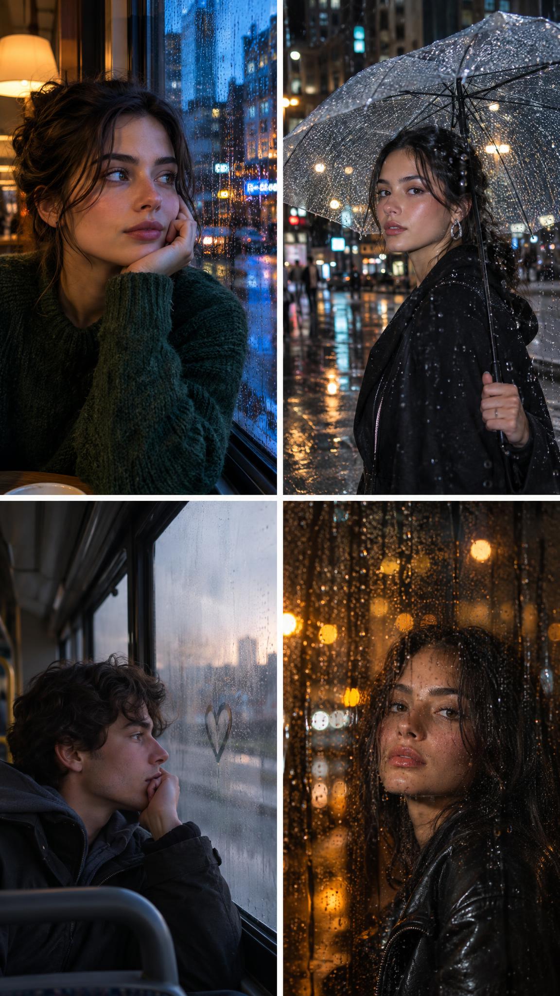 Rainy window portrait effect with umbrella and wet pavement