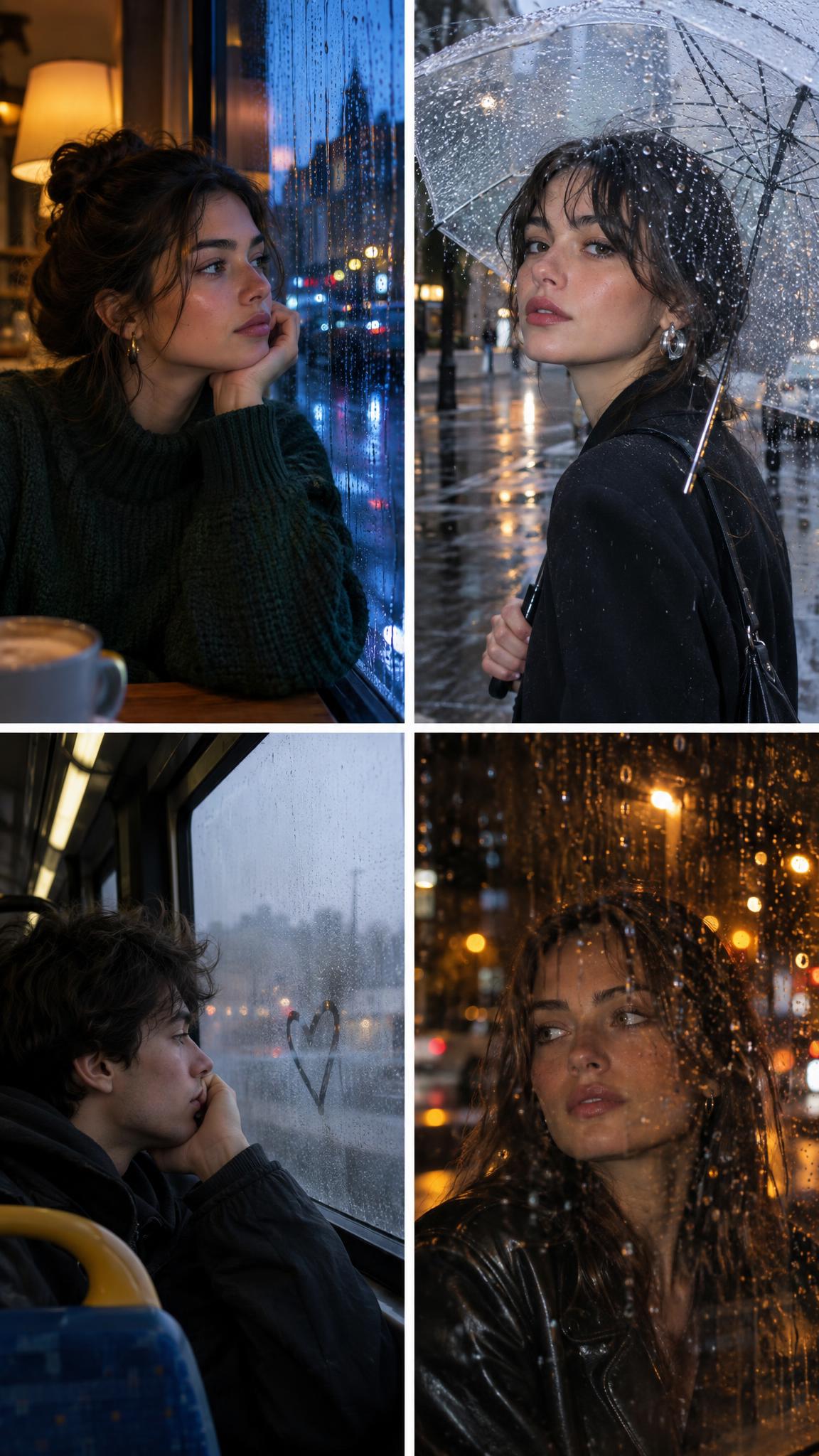 Rainy window portrait effect with amber city bokeh