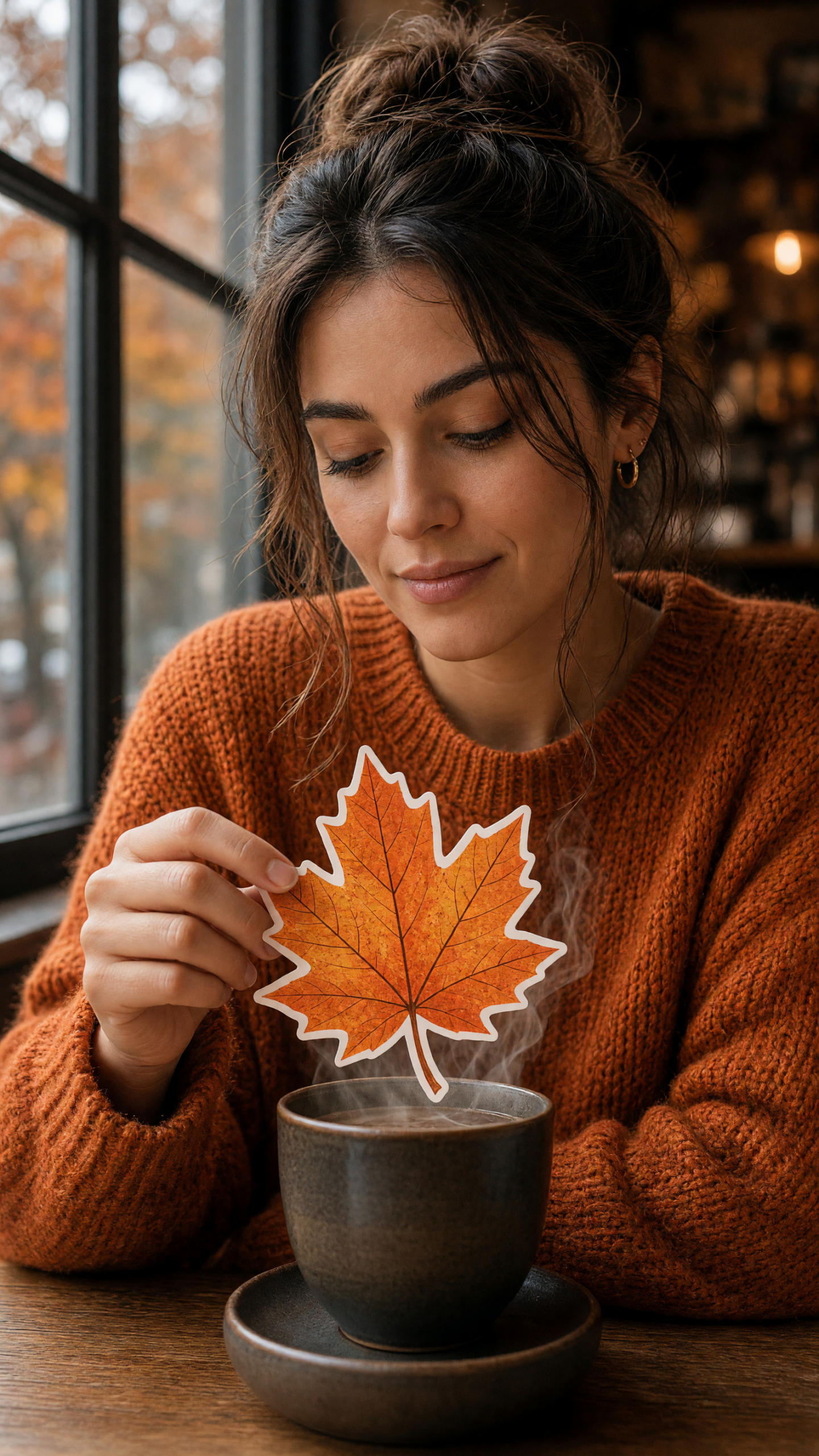 AI photo effect with an orange leaf sticker over a cafe drink