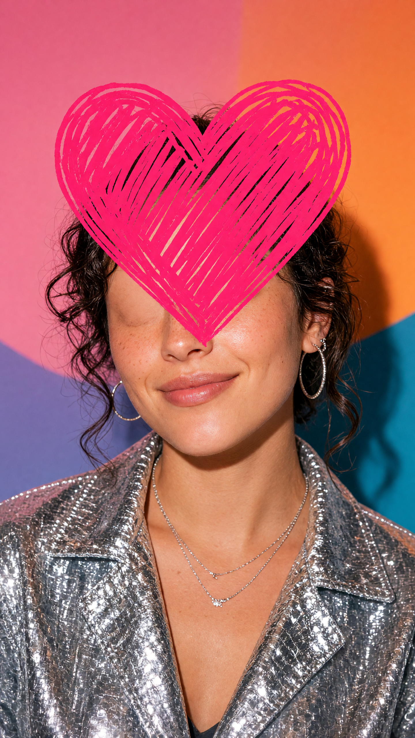 AI photo effect with a heart sticker hiding a dramatic hairstyle