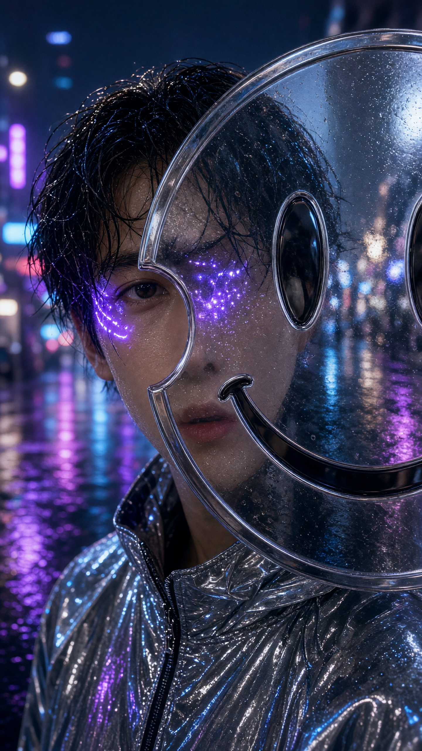 AI photo effect with a chrome smiley sticker hiding neon makeup