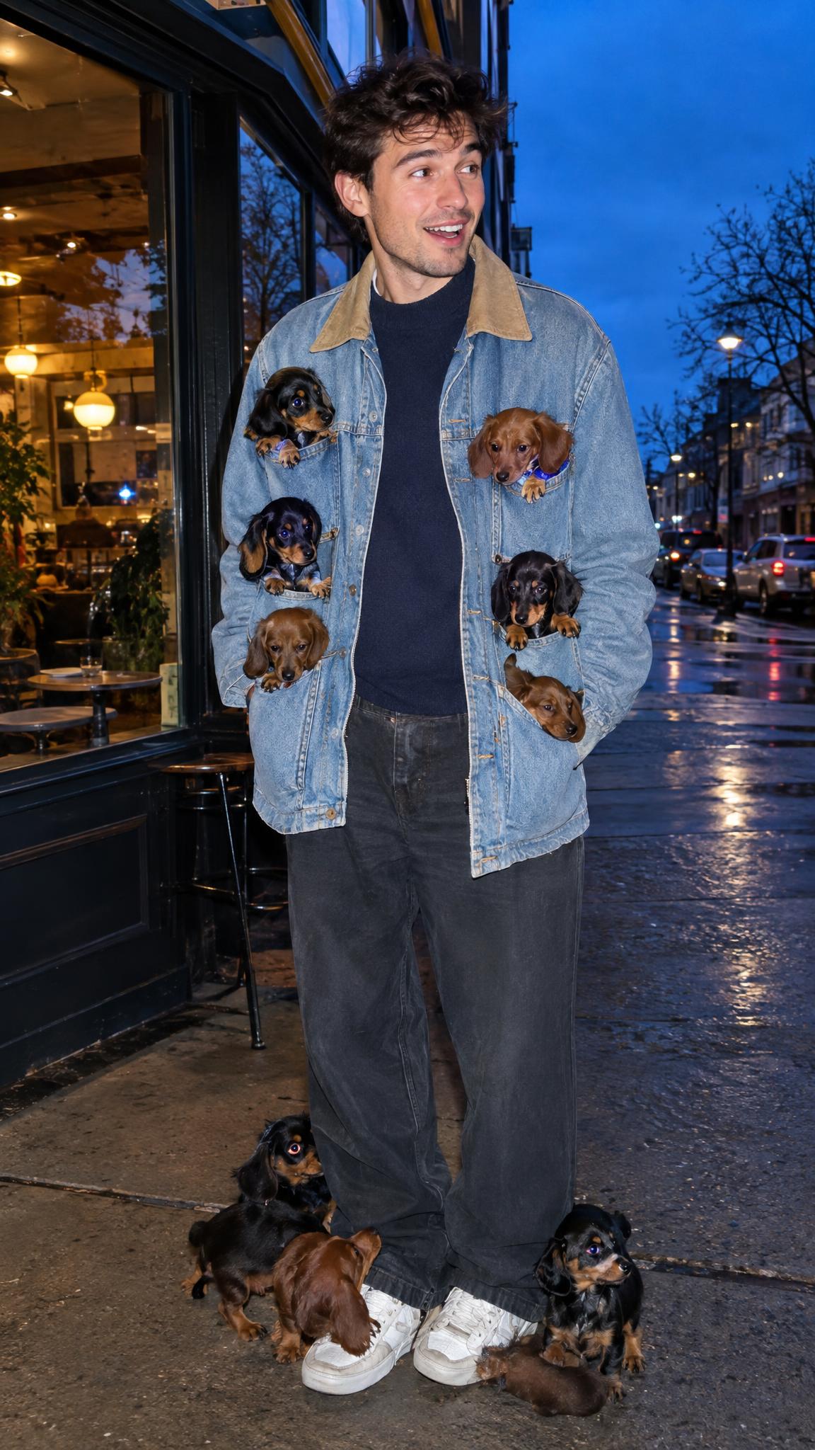 tiny puppy photo trend with dachshund puppies in jacket pockets