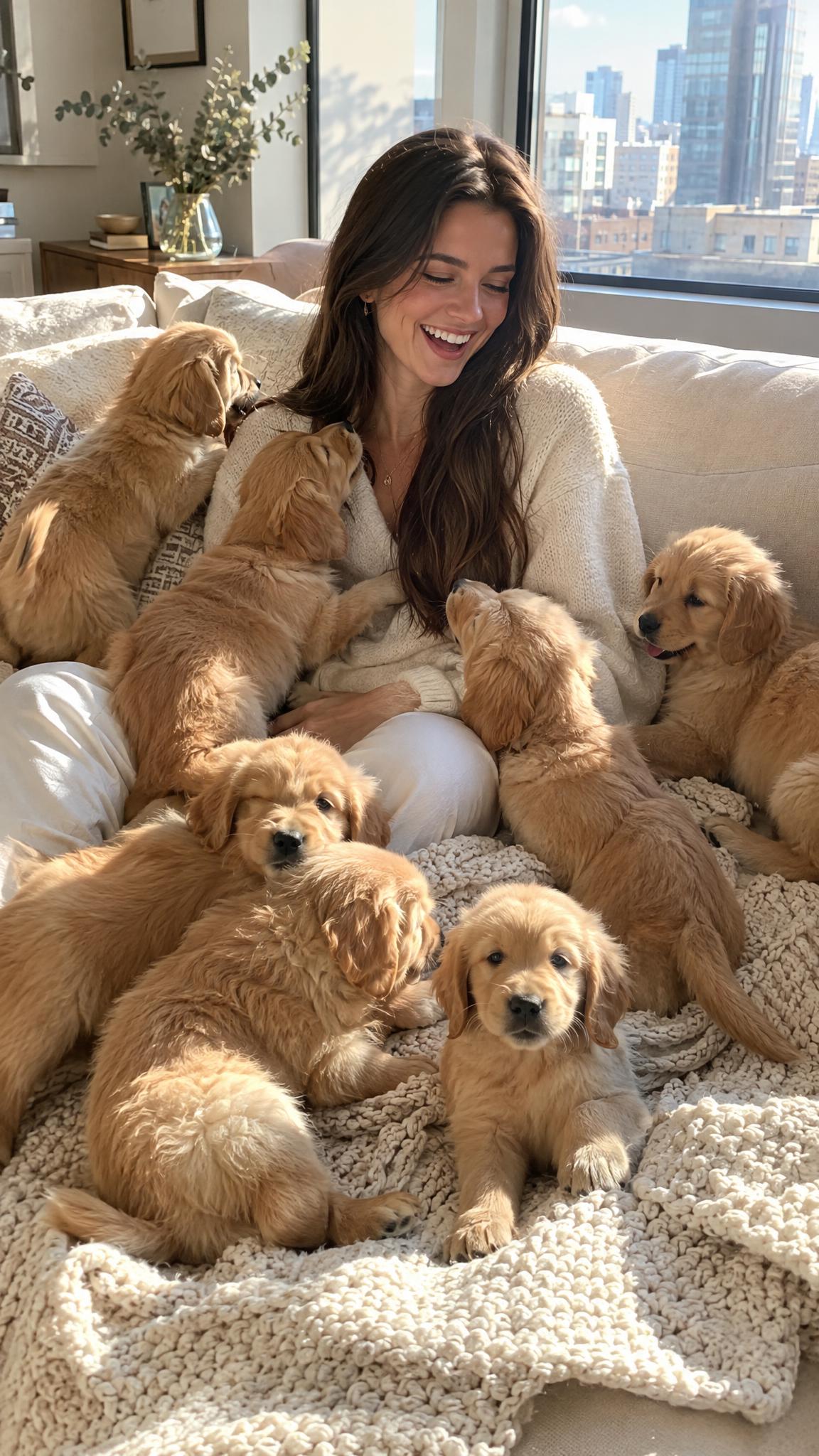 tiny puppy photo trend with golden retriever puppies on a sofa