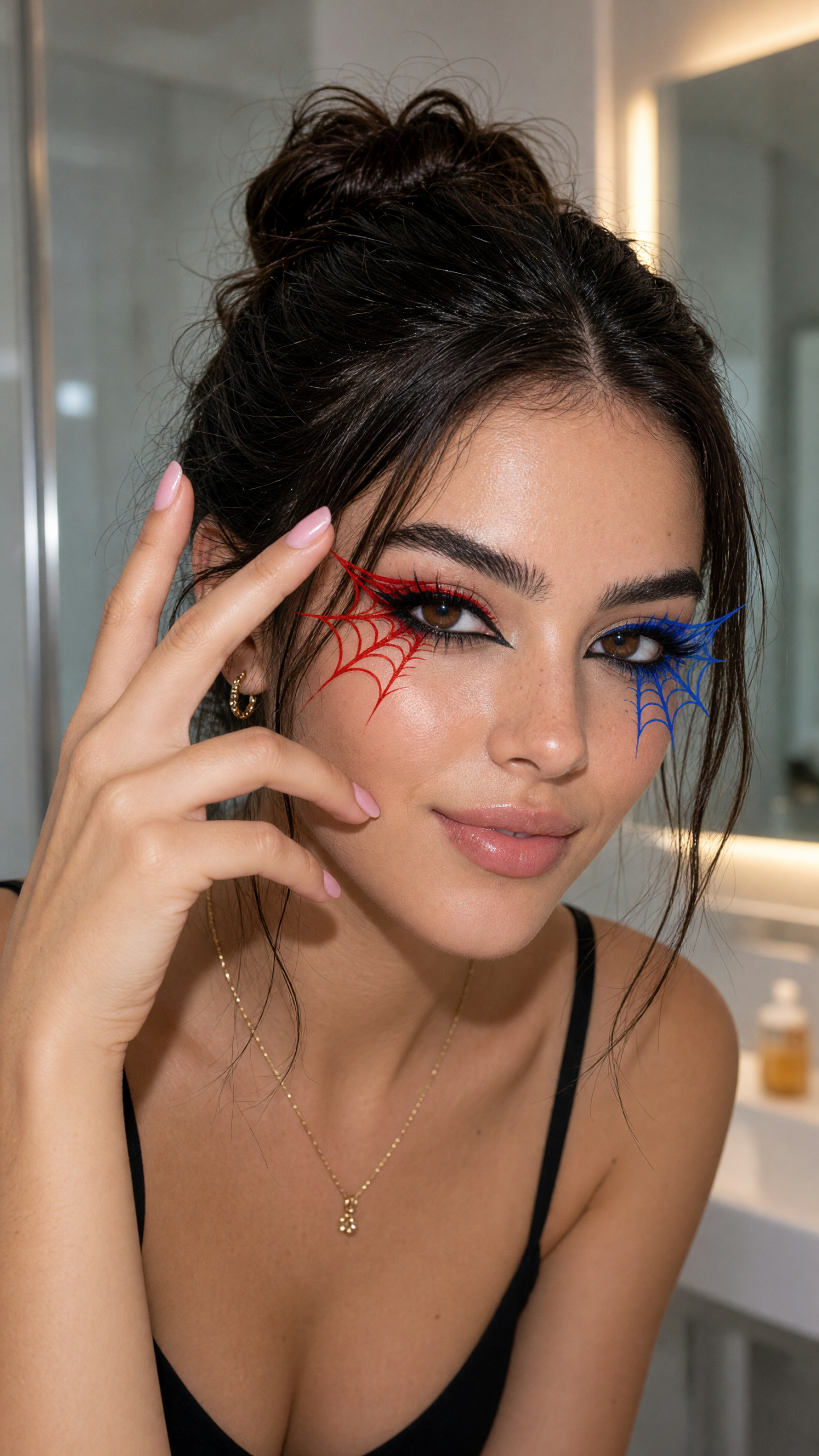 Makeup transition with red and blue spiderweb eye makeup