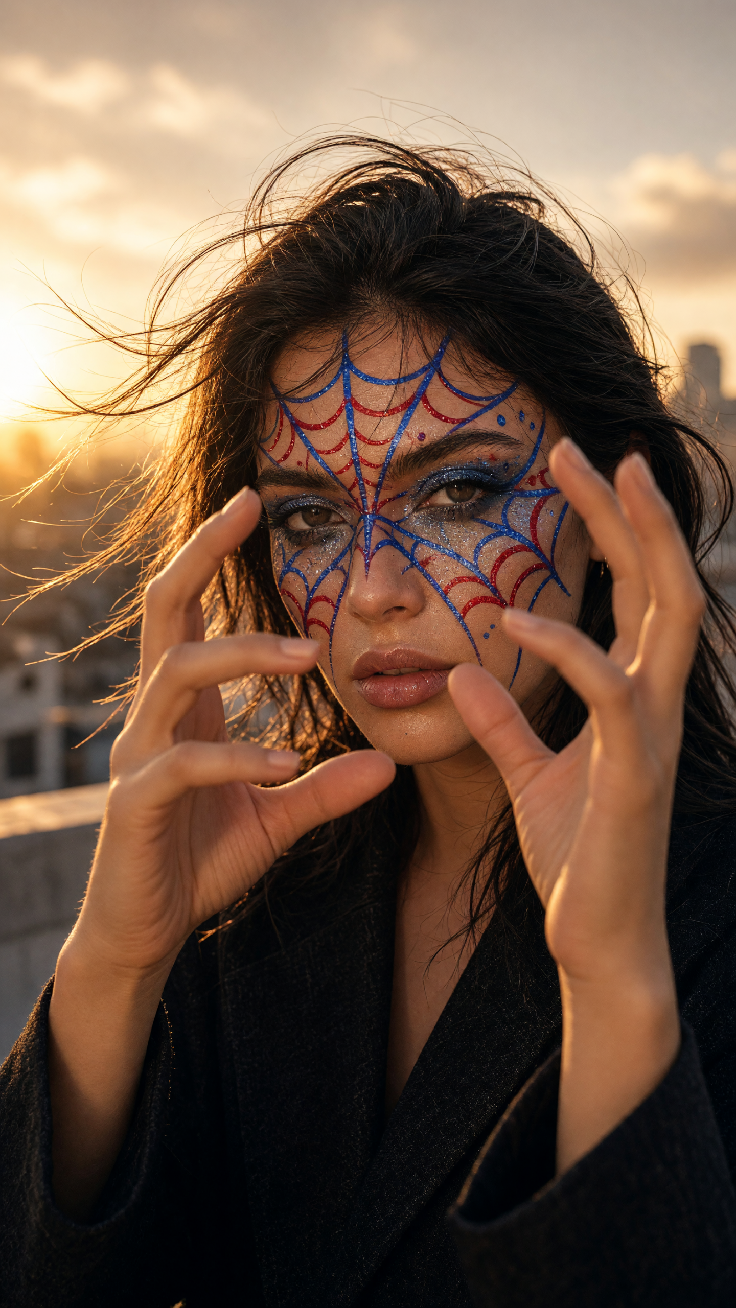 Makeup transition with cobalt and crimson spiderweb face paint