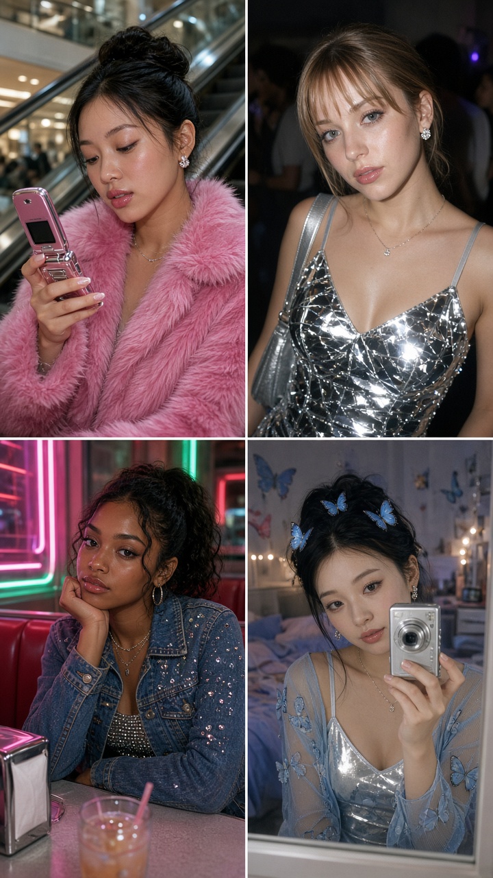 Y2K photo effect with mall style, denim, and a pink flip phone