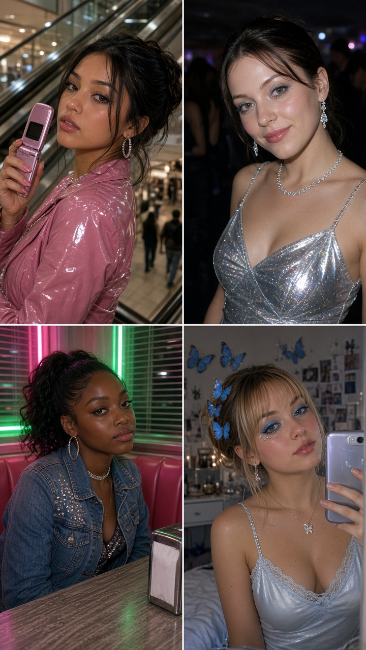 Y2K photo effect with blue butterfly details in a bedroom mirror selfie
